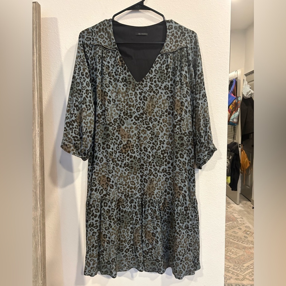 Ikks V-Neck Leopard Skull Print Midi Dress in Blue and Black with Stud Detail